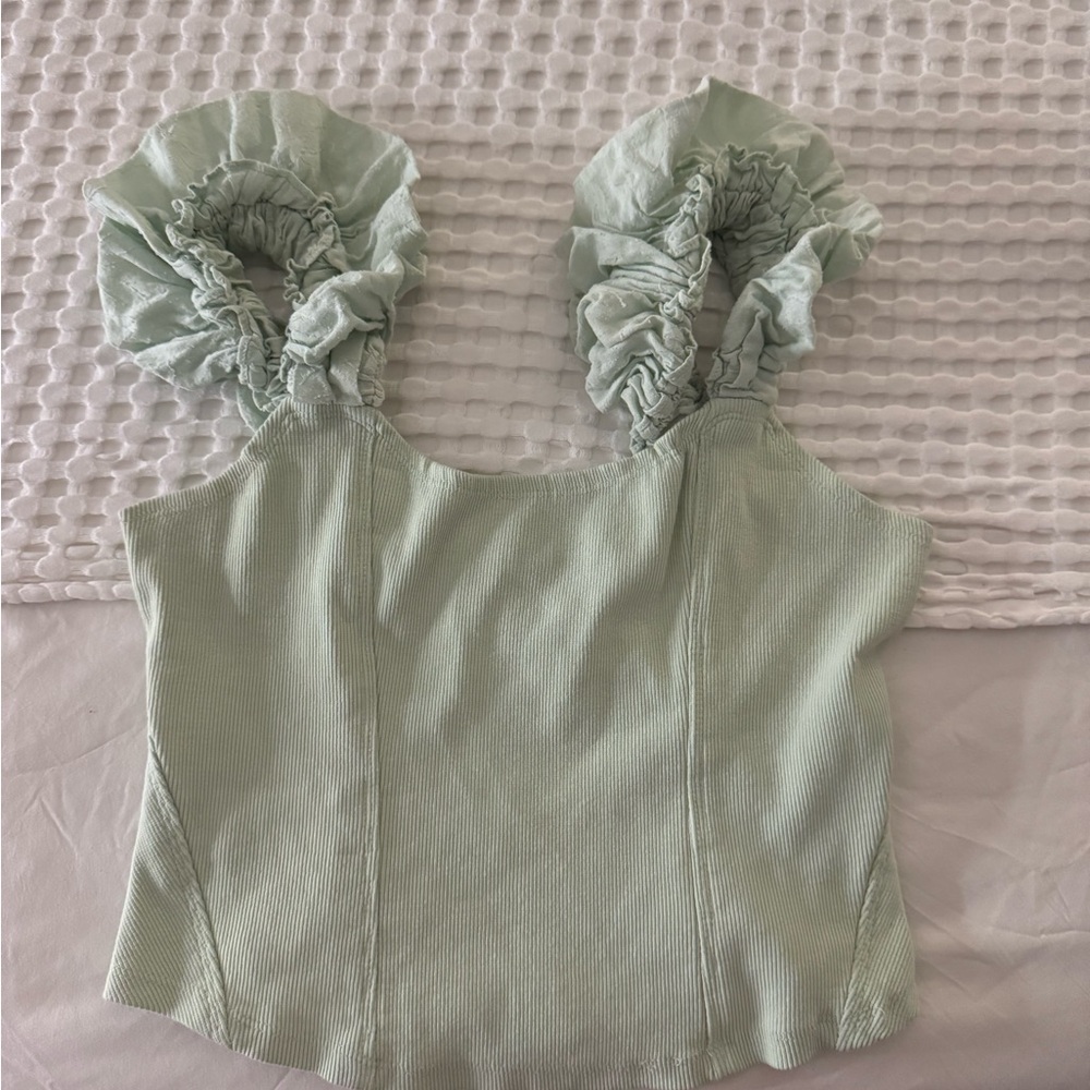 Anthropologie Green Ruffled Fitted Crop Top